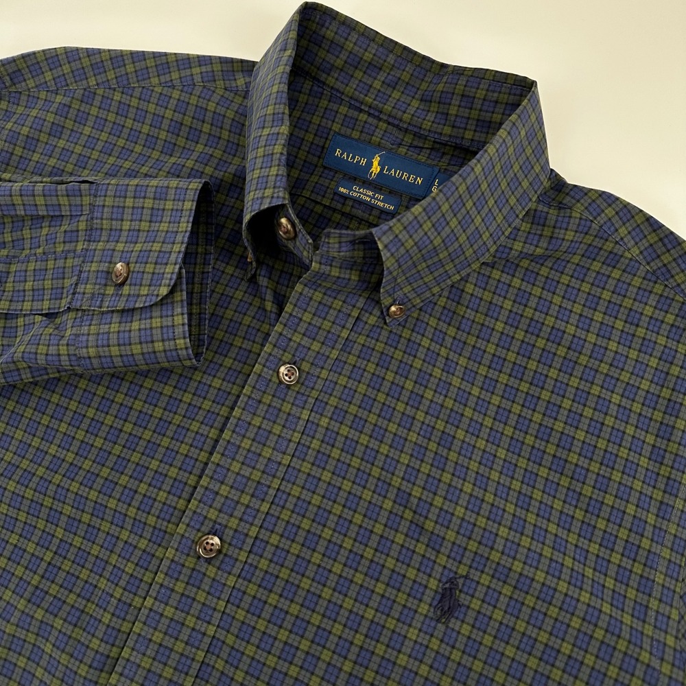 Ralph Lauren Button Down Shirt Mens L Blue Green Plaid Classic Fit Stretch